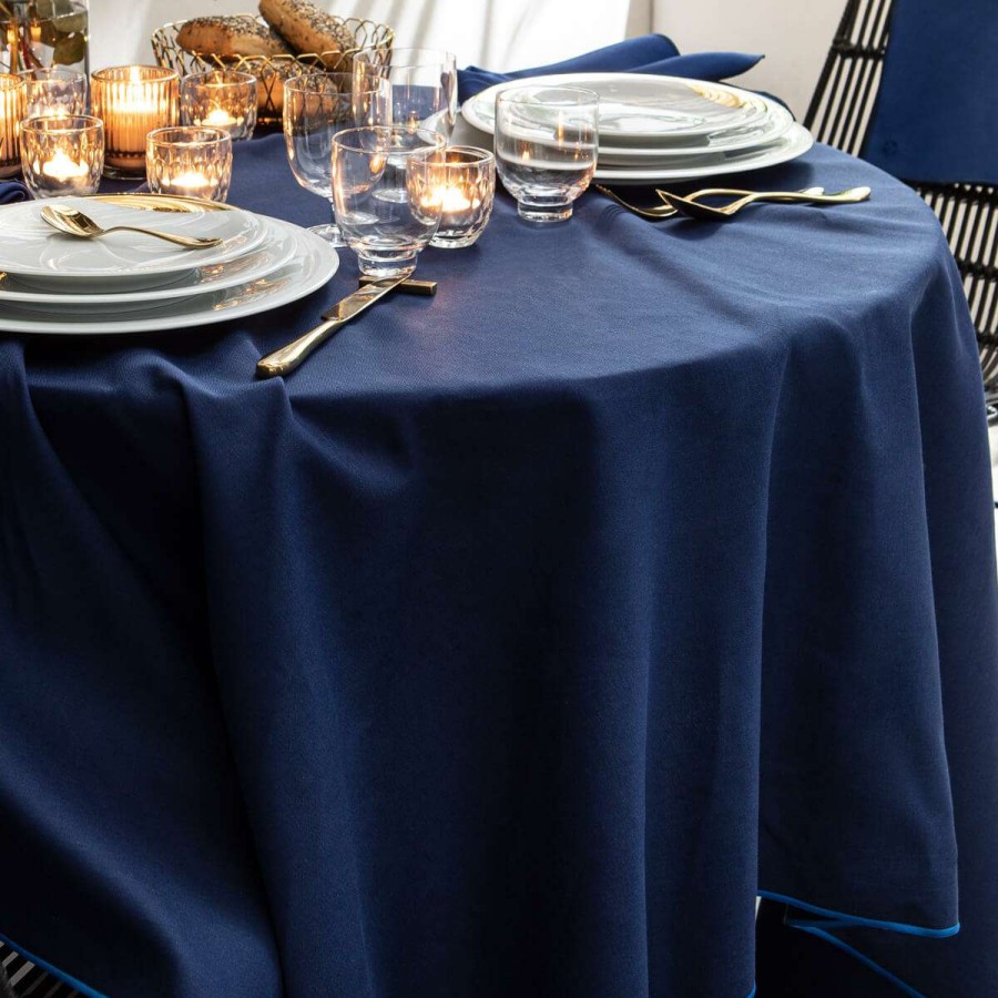 Table Linen * | Shop Nuances Coton & Lin Bleu Nuit Square Tablecloth 180 X 180 Cm